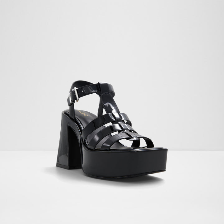 Sandálias em verniz preto, salto em bloco com plataforma - JENI