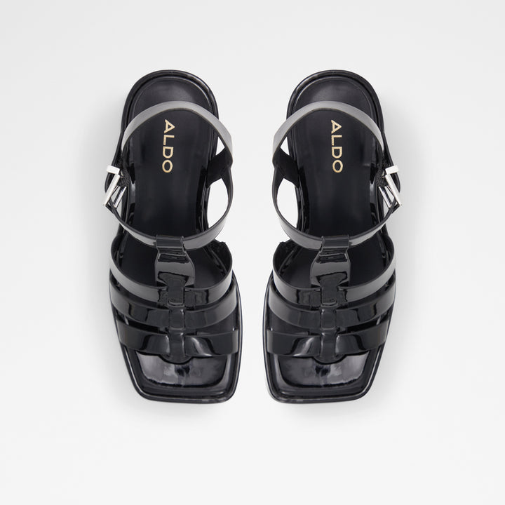 Sandálias em verniz preto, salto em bloco com plataforma - JENI