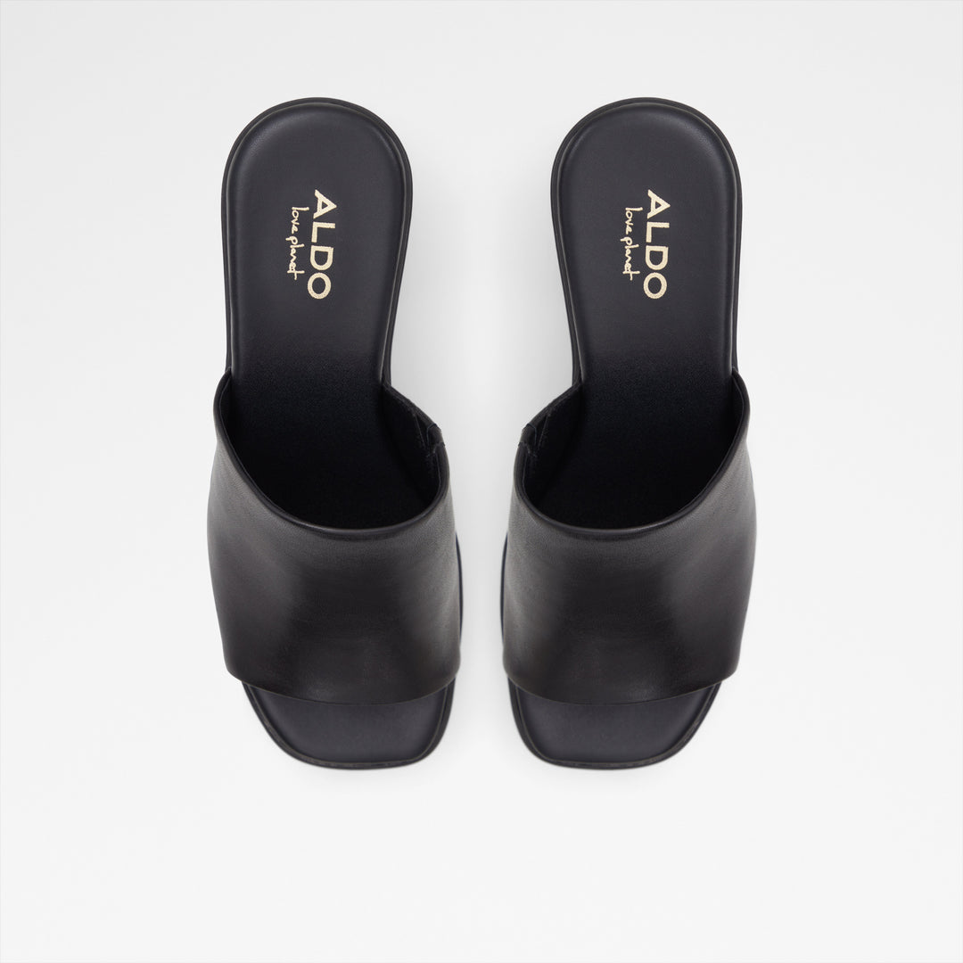 Mules em pele preto, salto em bloco com plataforma - MAYSEE