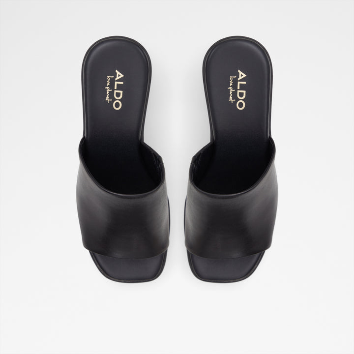 Mules em pele preto, salto em bloco com plataforma - MAYSEE