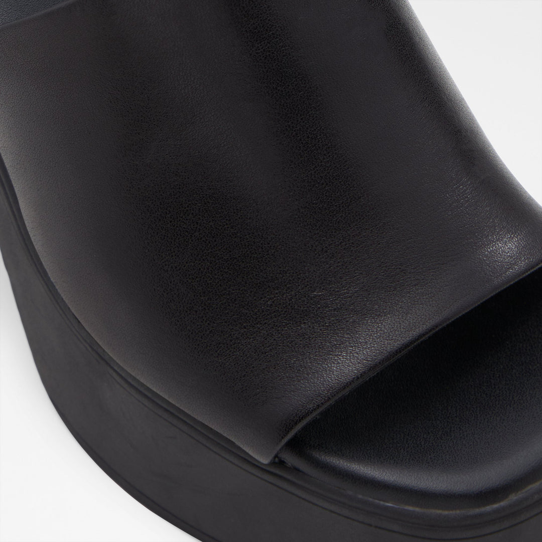Mules em pele preto, salto em bloco com plataforma - MAYSEE