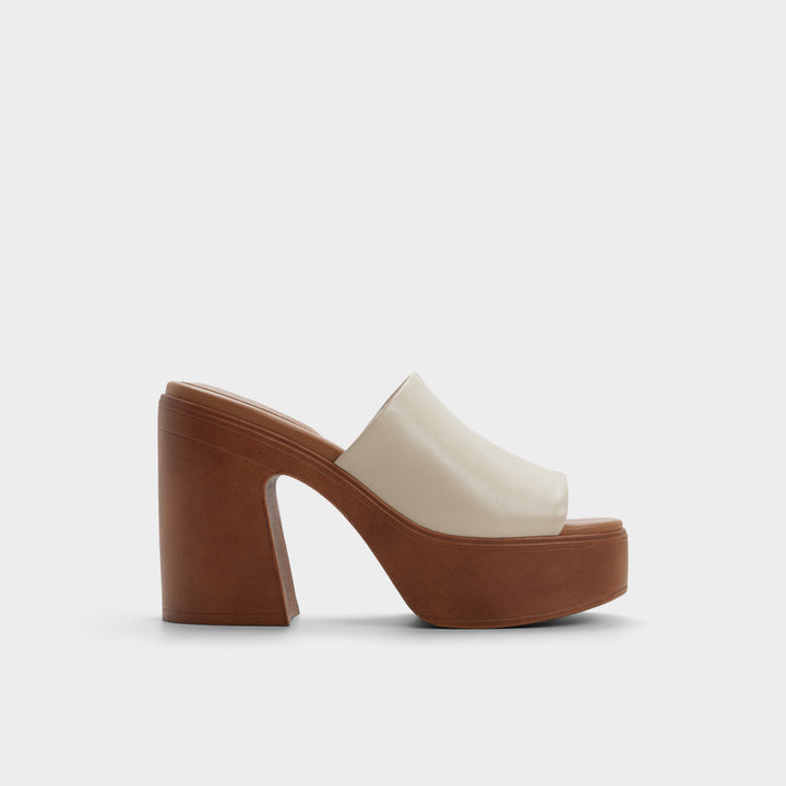 Mules em pele branco cru, salto em bloco com plataforma - MAYSEE