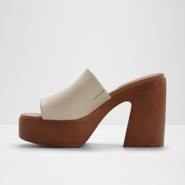 Mules em pele branco cru, salto em bloco com plataforma - MAYSEE
