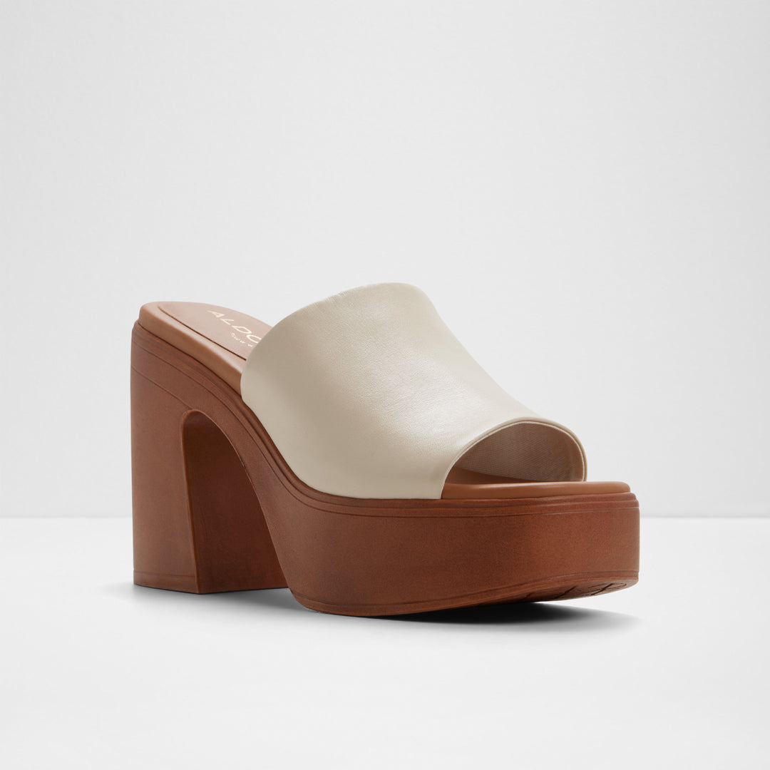 Mules em pele branco cru, salto em bloco com plataforma - MAYSEE