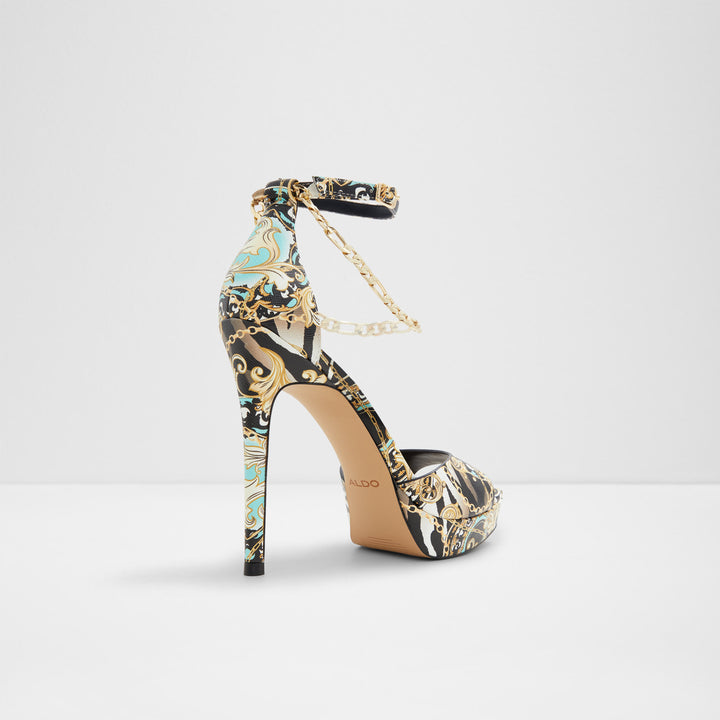 Sandálias em preto e dourado, salto fino com plataforma - PRISILLA