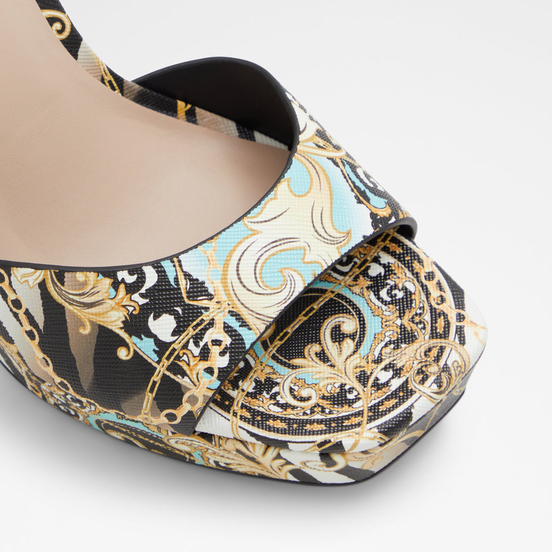 Sandálias em preto e dourado, salto fino com plataforma - PRISILLA