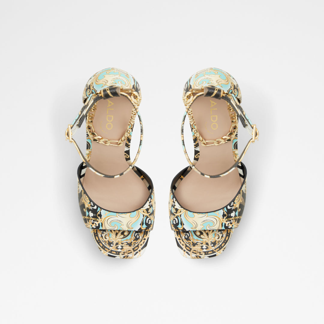 Sandálias em preto e dourado, salto fino com plataforma - PRISILLA