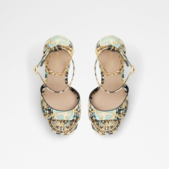 Sandálias em preto e dourado, salto fino com plataforma - PRISILLA