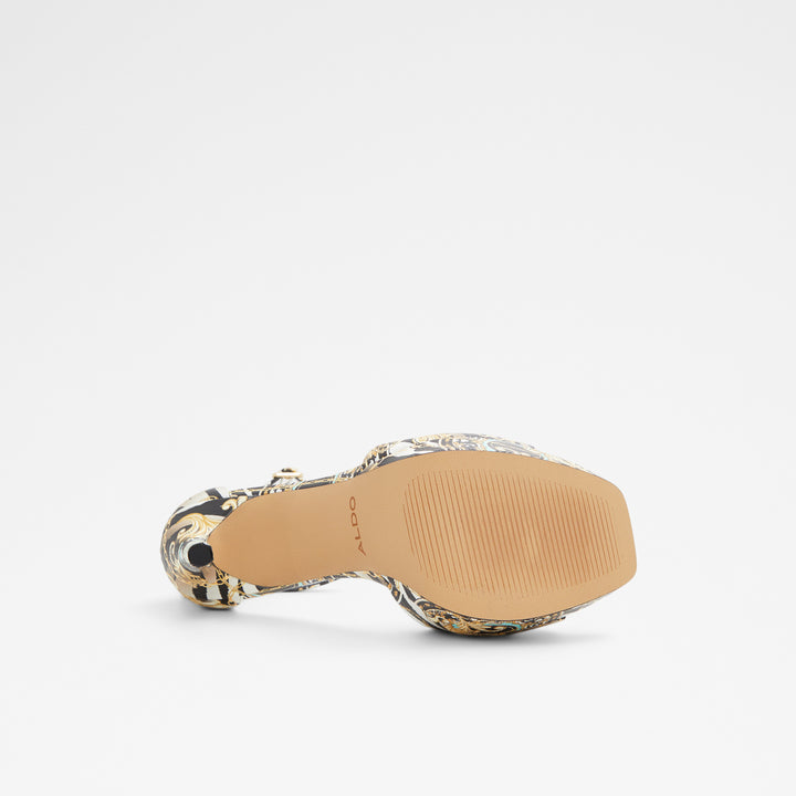 Sandálias em preto e dourado, salto fino com plataforma - PRISILLA