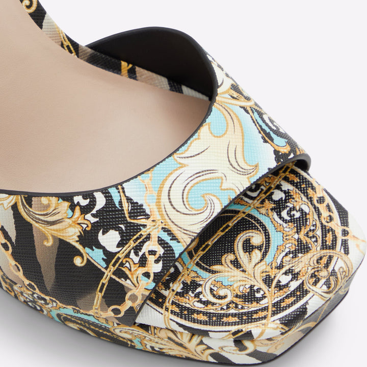 Sandálias em preto e dourado, salto fino com plataforma - PRISILLA